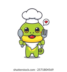 chef chameleon mascot cartoon character holding spoon and fork.
chef animal cartoon vector illustration suitable for for poster, brochure, web, mascot, sticker, logo, icon, etc.