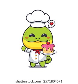 chef chameleon mascot cartoon character with cake.
chef animal cartoon vector illustration suitable for for poster, brochure, web, mascot, sticker, logo, icon, etc.