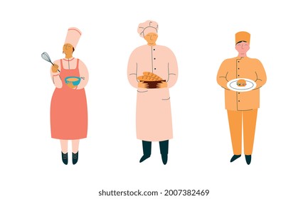 Chef Character in Apron and Toque Preparing Food at Restaurant Kitchen Vector Set