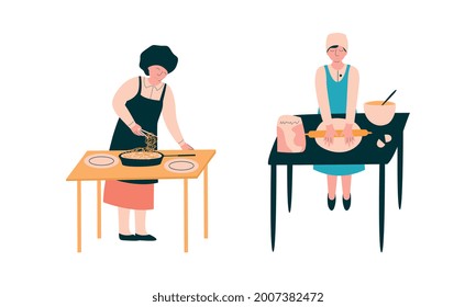 Chef Character in Apron and Toque Preparing Food at Restaurant Kitchen Vector Set