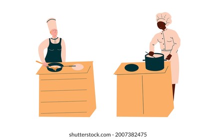 Chef Character in Apron and Toque Preparing Food at Restaurant Kitchen Vector Set