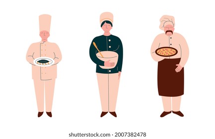 Chef Character in Apron and Toque Preparing Food at Restaurant Kitchen Vector Set