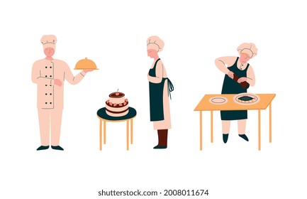 Chef Character in Apron and Toque Preparing Food at Restaurant Kitchen Vector Set