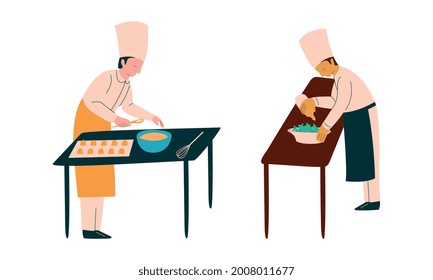 Chef Character in Apron and Toque Preparing Food at Restaurant Kitchen Vector Set