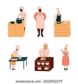 Chef Character in Apron and Toque Preparing Food at Restaurant Kitchen Vector Set