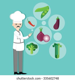 chef character cartoon with hat and vegetables vegetarian ingredients onion, peas, chili, broccoli