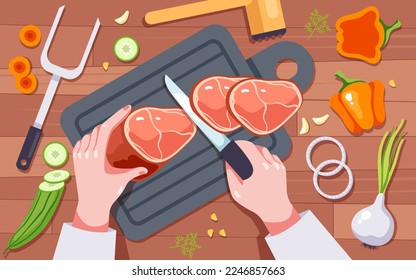 Chef character cooking preparing chopping food on table top view. Hand holding knife and cutting chopping vegetables and meat with slice concept. Vector graphic design illustration