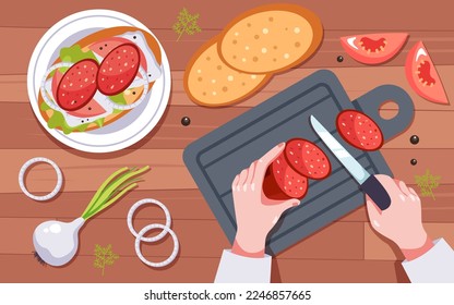 Piece of raw meat on chopping Board. Chops and ingredients. Cooking food.  Kitchen and restaurant elements. Flat cartoon illustration. Fresh pork and  knife 18964750 Vector Art at Vecteezy