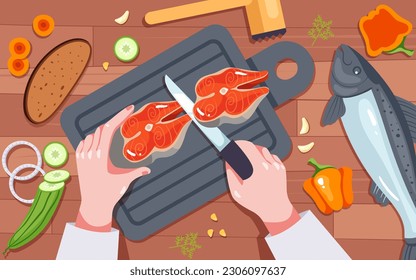 Chef character cooking preparing chopping food on table top view. Hand holding knife and cutting chopping vegetables and meat fish with slice concept. Vector graphic design illustration