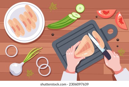 Chef character cooking preparing chopping food on table top view. Hand holding knife and cutting chopping vegetables and meat fish with slice concept. Vector graphic design illustration