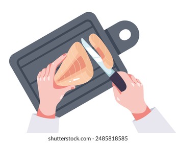 Chef character cooking preparing chopping food on table top view. Hand holding knife and cutting chopping meat fish with slice concept. Vector graphic design illustration