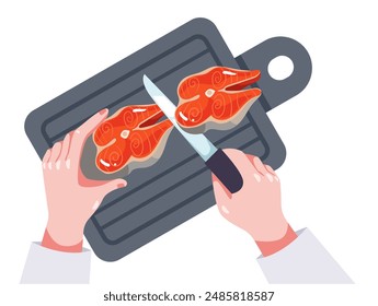 Chef character cooking preparing chopping food on table top view. Hand holding knife and cutting chopping meat fish with slice concept. Vector graphic design illustration