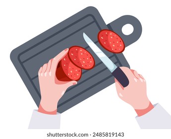 Chef character cooking preparing chopping food on table top view. Hand holding knife and cutting chopping meat with slice concept. Vector graphic design illustration