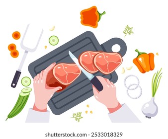 Chef personagem cozinhar preparando comida cortar na vista de cima da mesa. Mão segurando faca e corte de legumes e carne com conceito de fatia. Ilustração de design gráfico vetorial