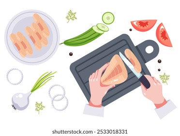 Chef personagem cozinhar preparando comida cortar na vista de cima da mesa. Mão segurando faca e corte de legumes e carne com conceito de fatia. Ilustração de design gráfico vetorial