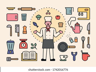 Chef character and cooking tools icon set. flat design style minimal vector illustration.