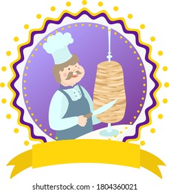 El personaje del chef corta la carne con un cuchillo en shawarma, giros. Al estilo turco, griego o árabe del Medio Oriente, el pollo dona comida kebab. Ilustración vectorial para emblemas y etiquetas o plantilla de logotipo.