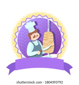 Chef character cuts meat with a knife on shawarma, gyros. Turkish, Greek or Middle Eastern Arabic style chicken doner kebab food. Vector illustration. Blank for an emblem, label, logo.
