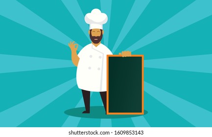Chef character with a delicious dish and holding a blackboard as blank copy space text area vector illustration