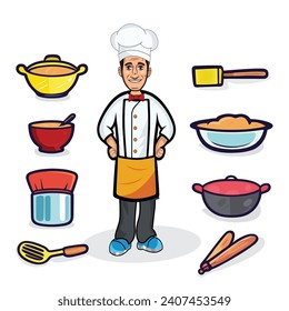 Chef character with equipment elements, kitchen items