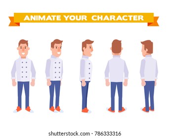 Chef character. Front, side, back, 3/4 view. Cartoon style,  flat vector illustration.