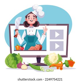 Chef character giving cooking video show class. Online internet culinary streaming tv show concept. Vector cartoon graphic design element illustration
