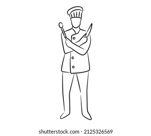 Chef Character Holding Spoon And Knife Sketch Line Illustration