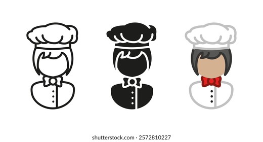 Chef character icon. Cook woman vector illustration. Femail cooking uniform symbol. Kitchen worker sign. Culinary profession. Chef person occupation pictogram. Baker eatery job isolated concept.