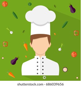 Chef character, icon isolated on background. Flat design style. Vector illustration.