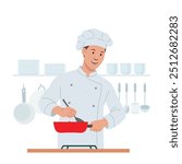 Chef character illustrate with happy face and smile, cooking action with chef uniform. Flat vector style character. Food industry field.