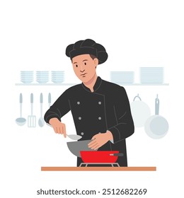 Personaje de chef ilustrado con cara feliz y sonrisa, acción de cocina con uniforme de chef. Carácter de estilo de Vector plano. Industria alimentaria.