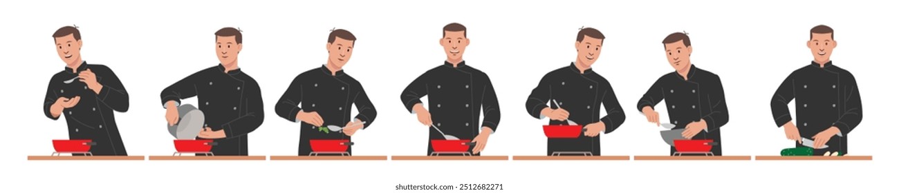 Chef character illustrate with happy face and smile, cooking action with chef uniform. Flat vector style character. Food industry field.