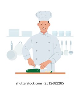 Chef personagem ilustrar com rosto feliz e sorriso, ação de cozinha com uniforme chef. Caractere de estilo de vetor plano. Indústria alimentar.