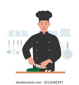 Chef character illustrate with happy face and smile, cooking action with chef uniform. Flat vector style character. Food industry field.