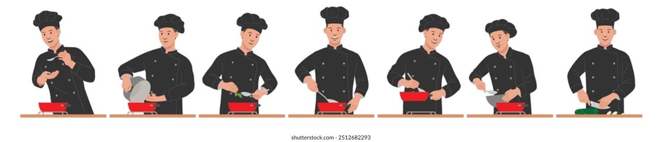 Chef character illustrate with happy face and smile, cooking action with chef uniform. Flat vector style character. Food industry field.