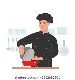 Chef character illustrate with happy face and smile, cooking action with chef uniform. Flat vector style character. Food industry field.