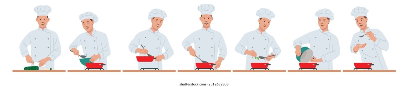 Chef character illustrate with happy face and smile, cooking action with chef uniform. Flat vector style character. Food industry field.