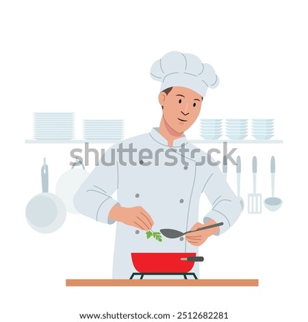 Chef character illustrate with happy face and smile, cooking action with chef uniform. Flat vector style character. Food industry field.