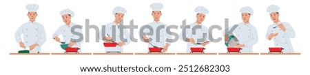 Chef character illustrate with happy face and smile, cooking action with chef uniform. Flat vector style character. Food industry field.