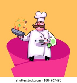 chef character illustration , chef serving food vector illustration.