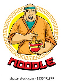 Chef character logo holding noodle in a bowl