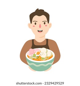 chef character with lontong padang character