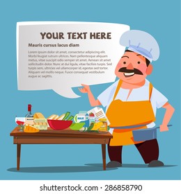  Chef character presenting with Kitchen table and ingredients for cooking. speech bubble for replace your text - vector illustration