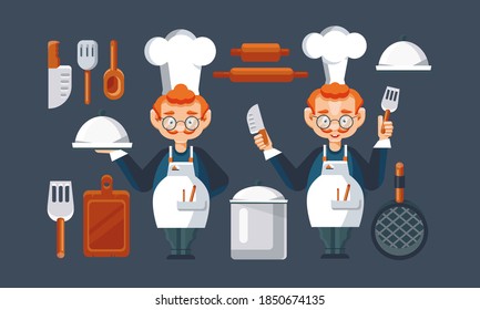 Chef character in restaurant kitchen set. Cartoon character in chef hat and uniform. Cooking and kitchen utensils in trendy flat style. Knives, Cooking pan, Spatula. Vector illustration