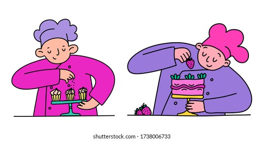 Chef character set. Cartoon chief cooking in restaurant, cafe. Doodle illustration character cook. Vector illustration