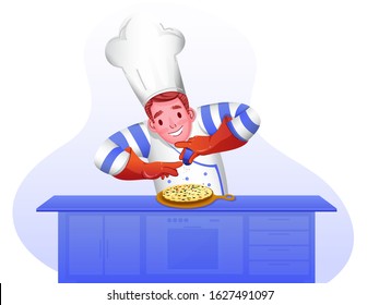 Chef character sprinkling in pizza on kitchen table.