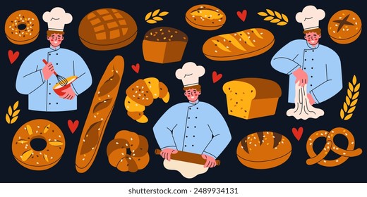 Chef character in the uniform cooking from the dough. Variety bakery products. Whole grain bread, bagel, buns, french baguette, croissant, rye bread, pretzel etc.