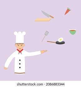 Chef character and various cooking utensils and ingredients vector image illustration