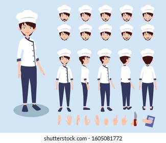 Chef character with various expressions, poses and views. Vector illustration.