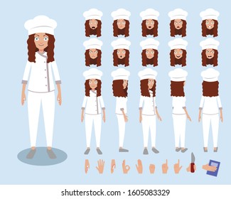 Chef character with various expressions, poses and views. Vector illustration.
